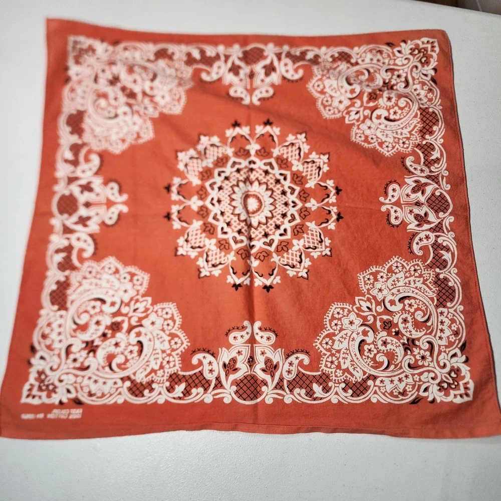 Vintage Terracotta Orange Paisley Cotton Bandana Scarf RN 13960 Square Headwrap